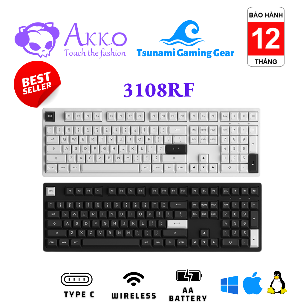 Bàn phím cơ AKKO 3108 RF Black on White | AKKO 3108 RF White on Black | Wireless 2.4Ghz | USB Type C | sử dụng pin AAA