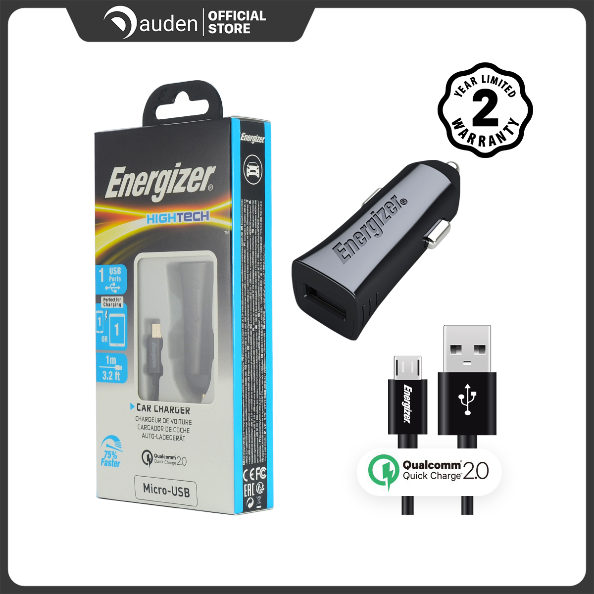 Sạc ô-tô energizer quick charge 2.0 + kèm cáp microusb