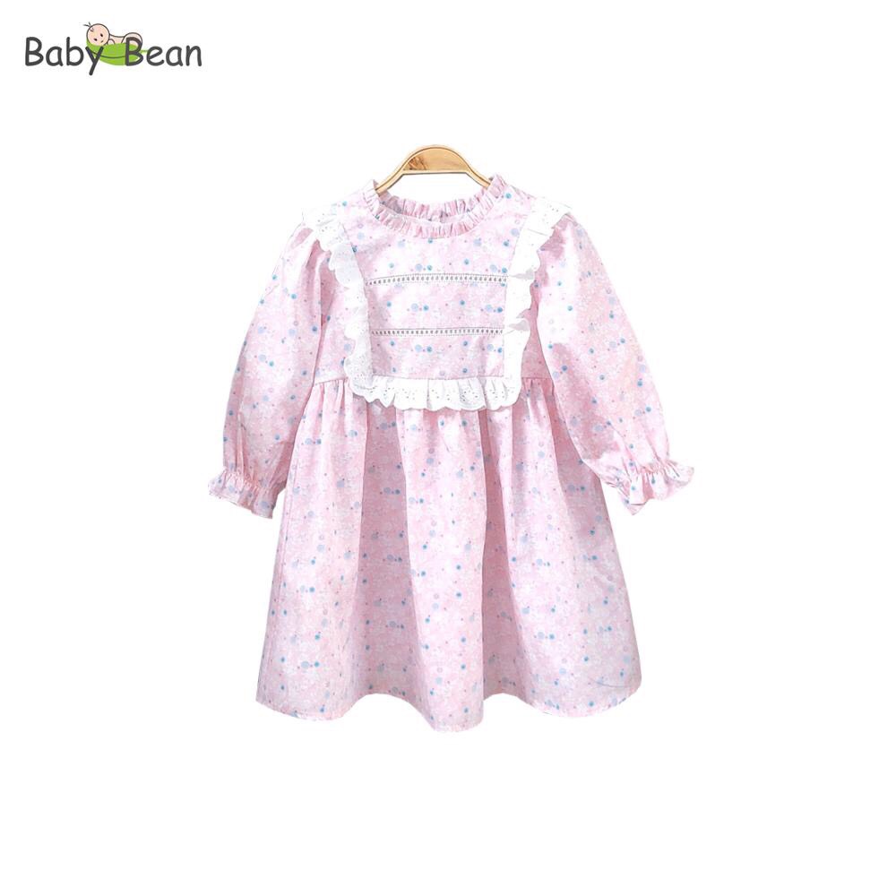 Váy đầm cotton cao cấp cổ ren bèo dọc nhún eo bé gái babybean