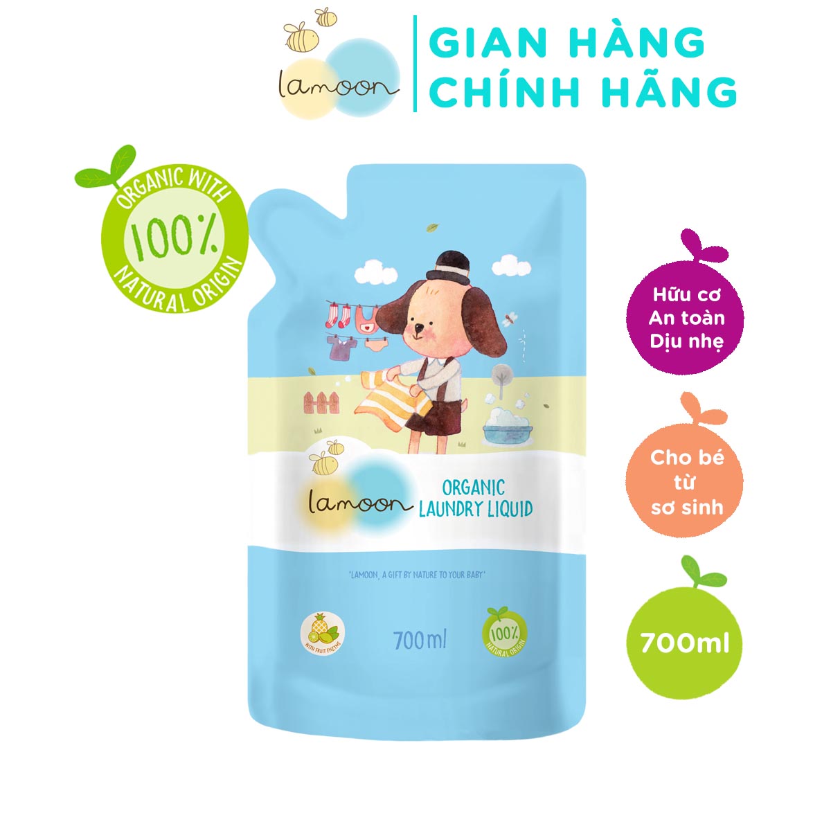 Nước Giặt Đồ Sơ Sinh Organic An Toàn Cho Bé Lamoon - Túi 700ml Refill