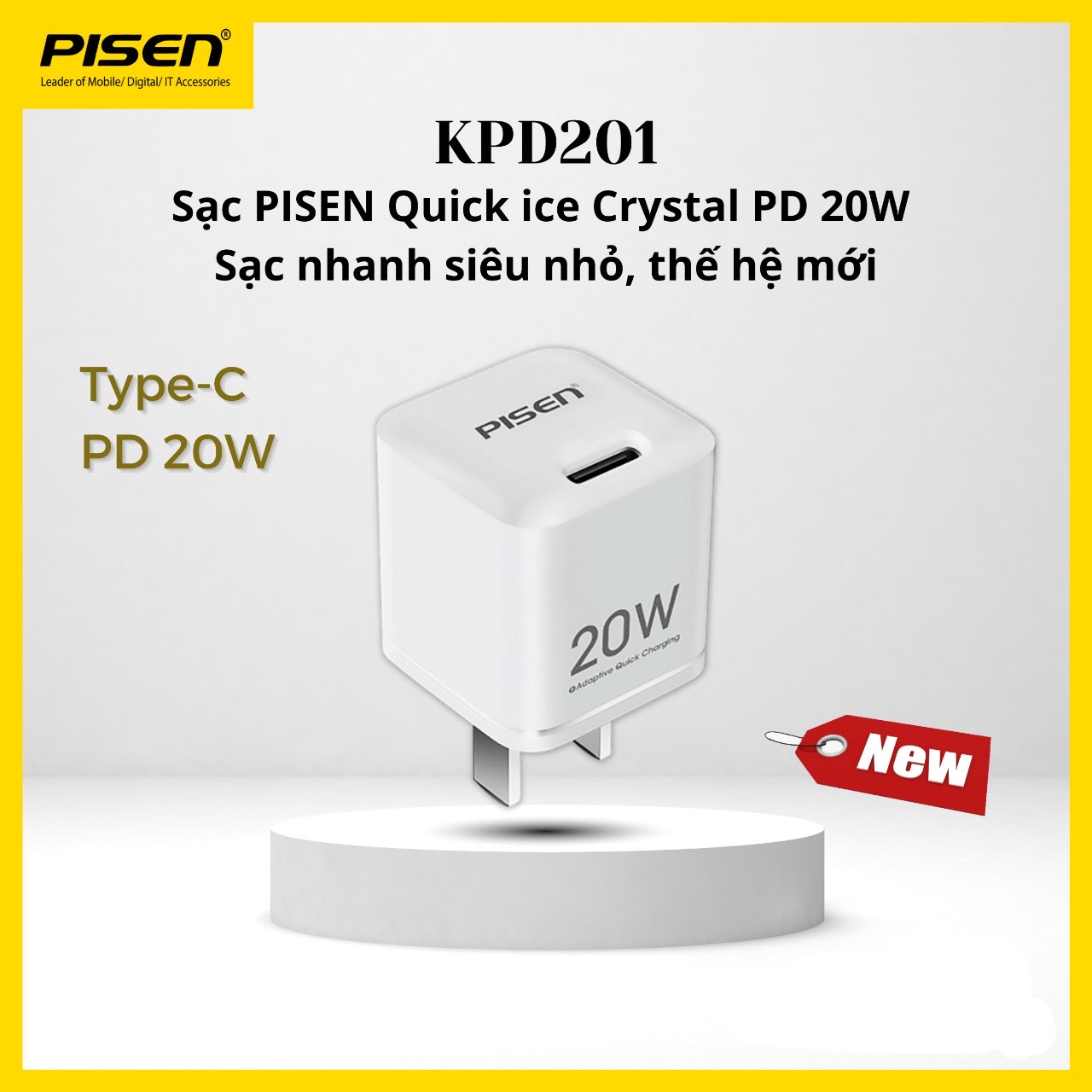 Cóc sạc nhanh PISEN Quick Ice Crystal PD 20W siêu nhỏ, Trắng sứ