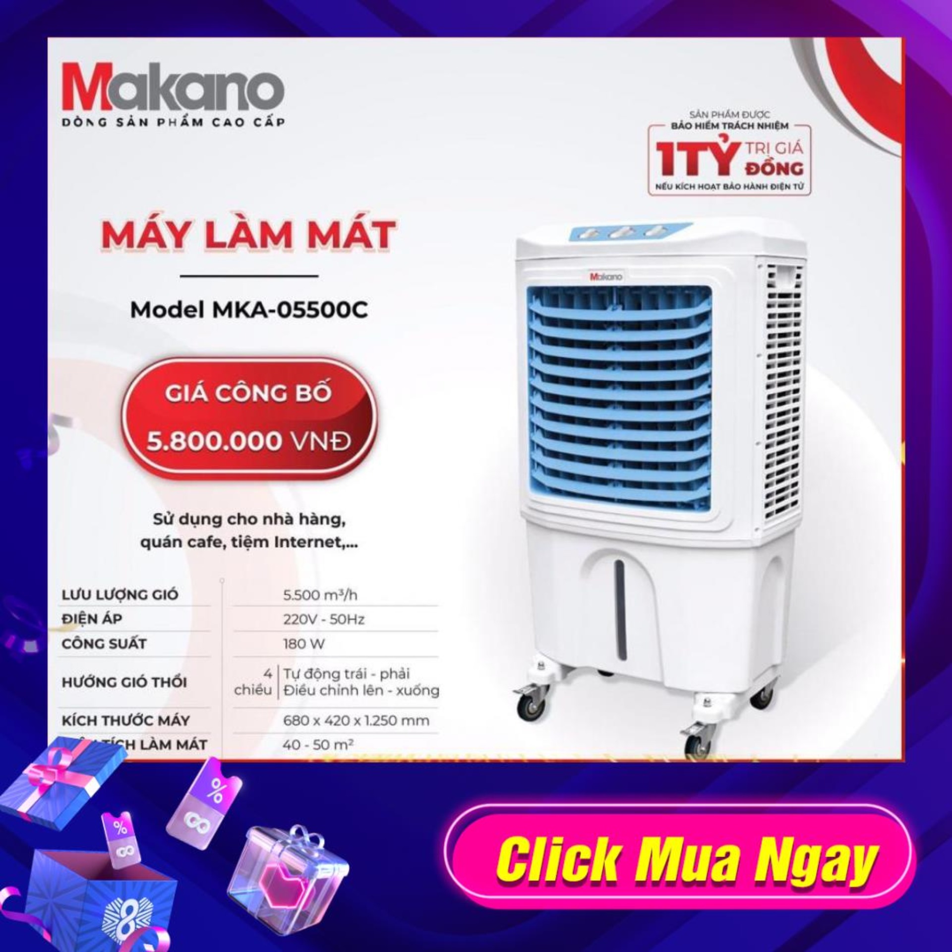 Xả Kho - Quạt điều hòa hơi nước Máy làm mát không khí Makano MKA-05500C Dùng cho phòng khách nhà hàng quán ăn cafe tiệm internet hội trường tiệc cưới.