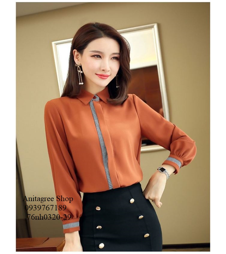 76nh0320-ÁO SƠ MI NỮ VIỀN CARO TAY DÀI s-6xl