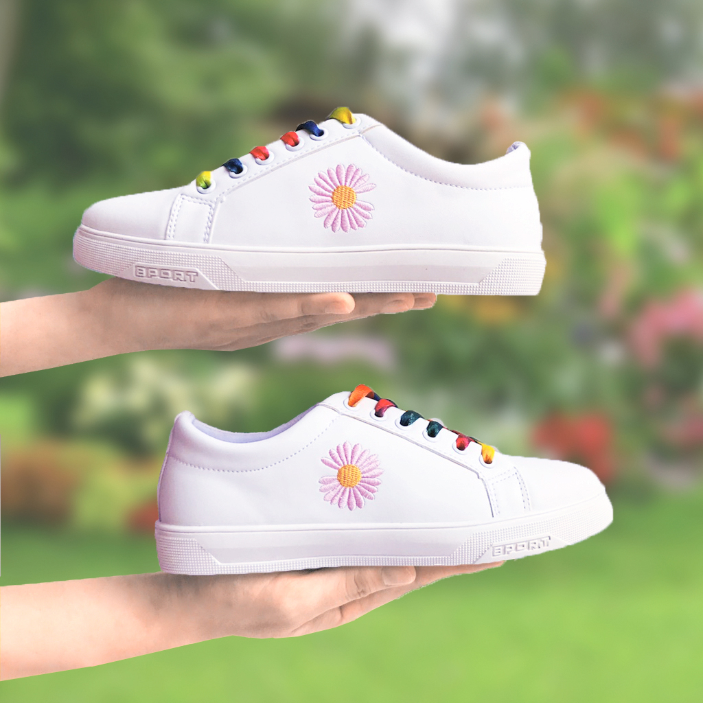 giày thể thao nữ sneaker nữ thêu hoa cúc dây 7 màu Cao Cấp- chất liệu da PU siêu mềm dễ làm sạch phù hợp mọi lứa tuổi Hangke [3 màu]