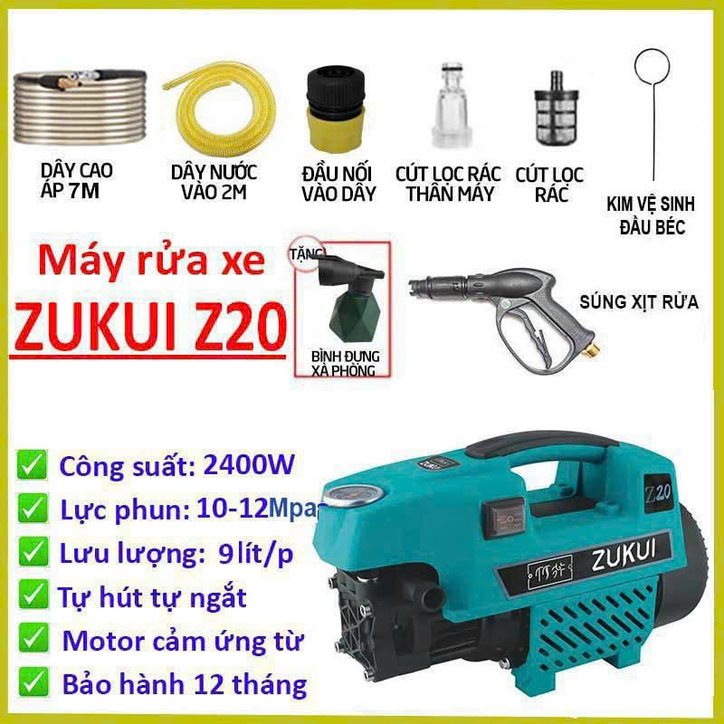 Máy rửa xe Zukui Z20 -Công xuất 2400w-Mô tơ từ -Bảo hành 12 tháng