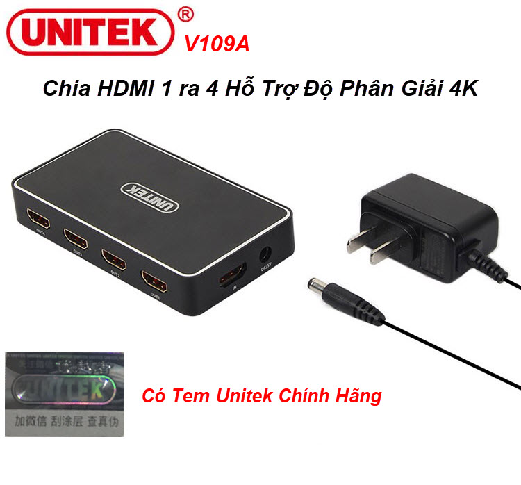Unitek v109a - bộ chia hdmi 1 ra 4 độ phân giải 4k hd hỗ trợ 3d khoảng cách truyền lên tới 30m kèm nguồn