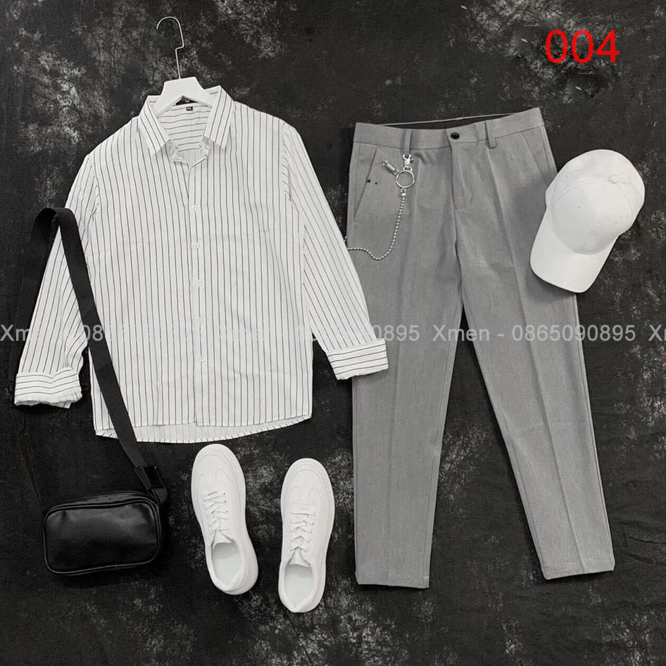 Set đồ nam quần âu xám+ áo sơ mi trắng kẻ trẻ trung