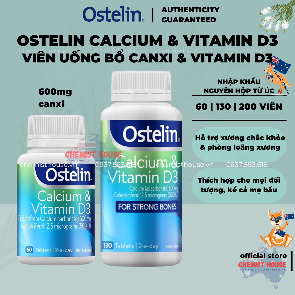 [Hàng Chuẩn ÚC] Viên uống ngăn ngừa loãng xương người lớn 130 viên - Ostelin Calcium & Vitamin D3