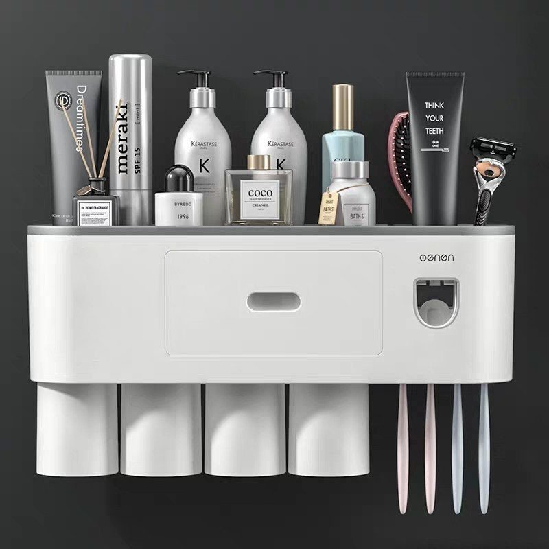 Kệ Để Bàn Chải, Cốc Đánh Răng, Kệ Nhả Kem Đánh Răng Tự Động, Kệ Để Đồ Nhà Tắm Thông Minh Dán Tường Chịu Lực Tặng Kèm Cốc