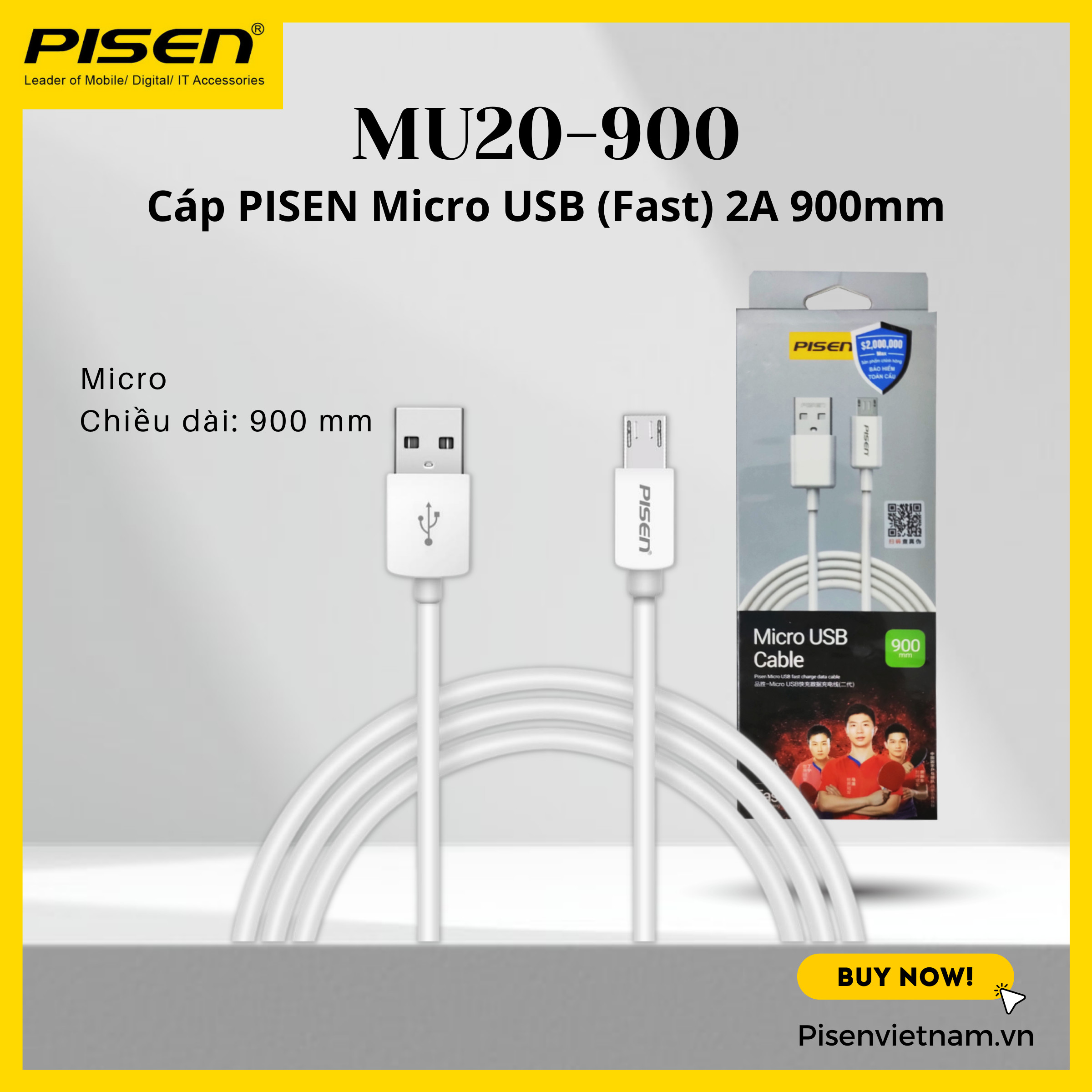 Cáp sạc nhanh Pisen Micro USB Fast 2A 900mm  MU20-900, Hàng chính hãng