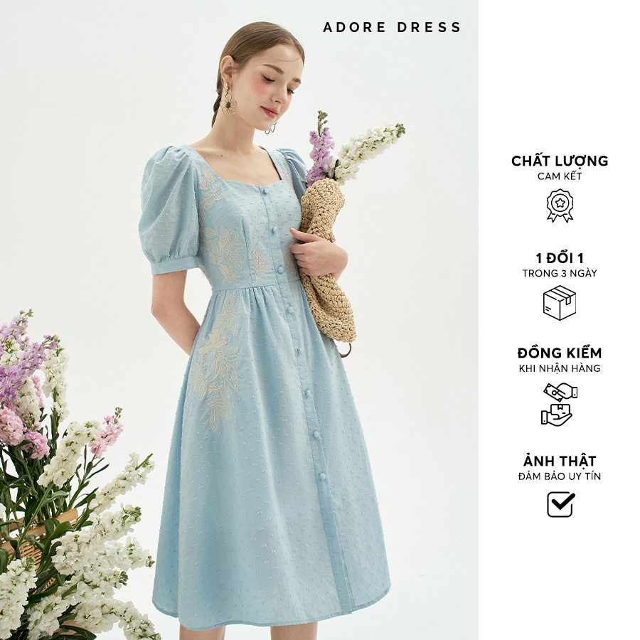 Đầm midi thô hạt xanh baby thêu bô đê khuy bọc 411dr2009 adore dress