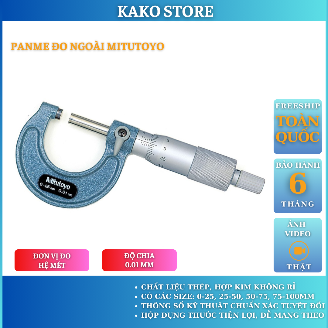 Panme đo ngoài mitutoyo 0-25mm, 25-50mm, 50-75mm, 75-100mm, 100-125mm, cơ khí điện cơ thước kẹp cặp đo ngoài, kako.