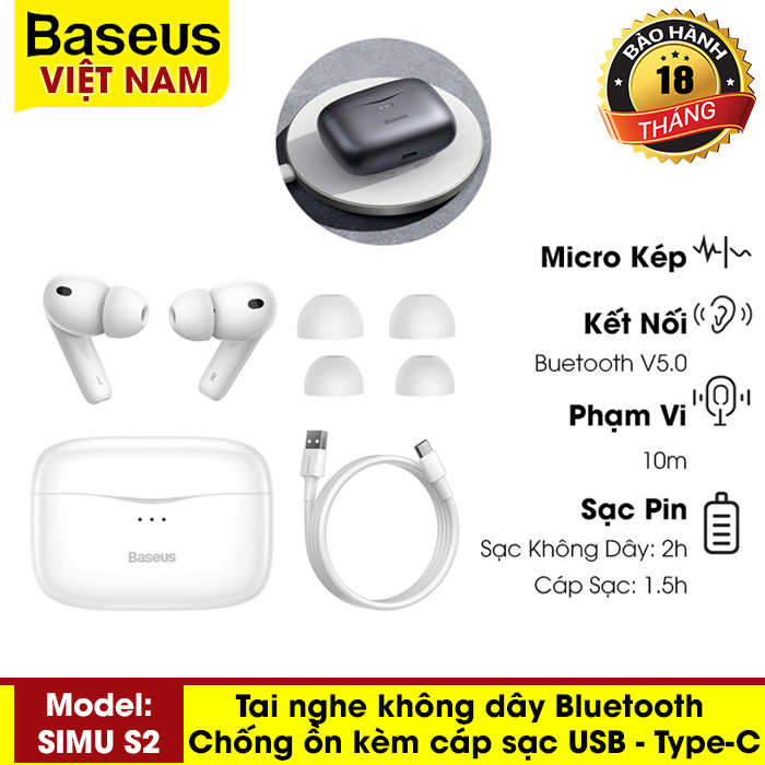 [BẢO HÀNH 18 THÁNG] Tai nghe không dây bluetooth Baseus S2 TWS ANC (SIMU S2), loại bỏ tiếng ồn, hỗ trợ sạc không dây
