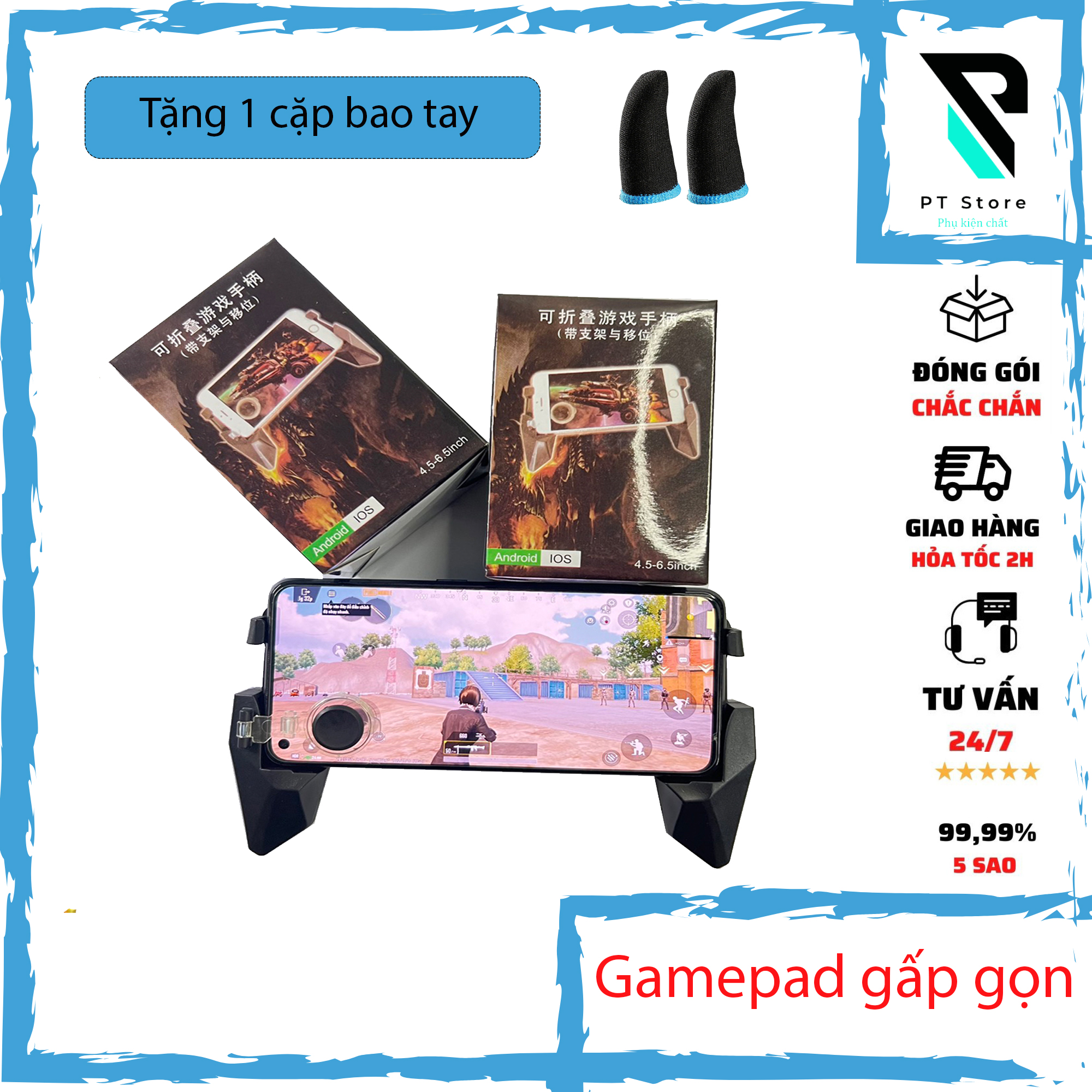 Gamepad gấp gọn cho điện thoại tiện dụng kèm 2 nút joystick chơi liên quân, pubg, tốc chiến, ff...