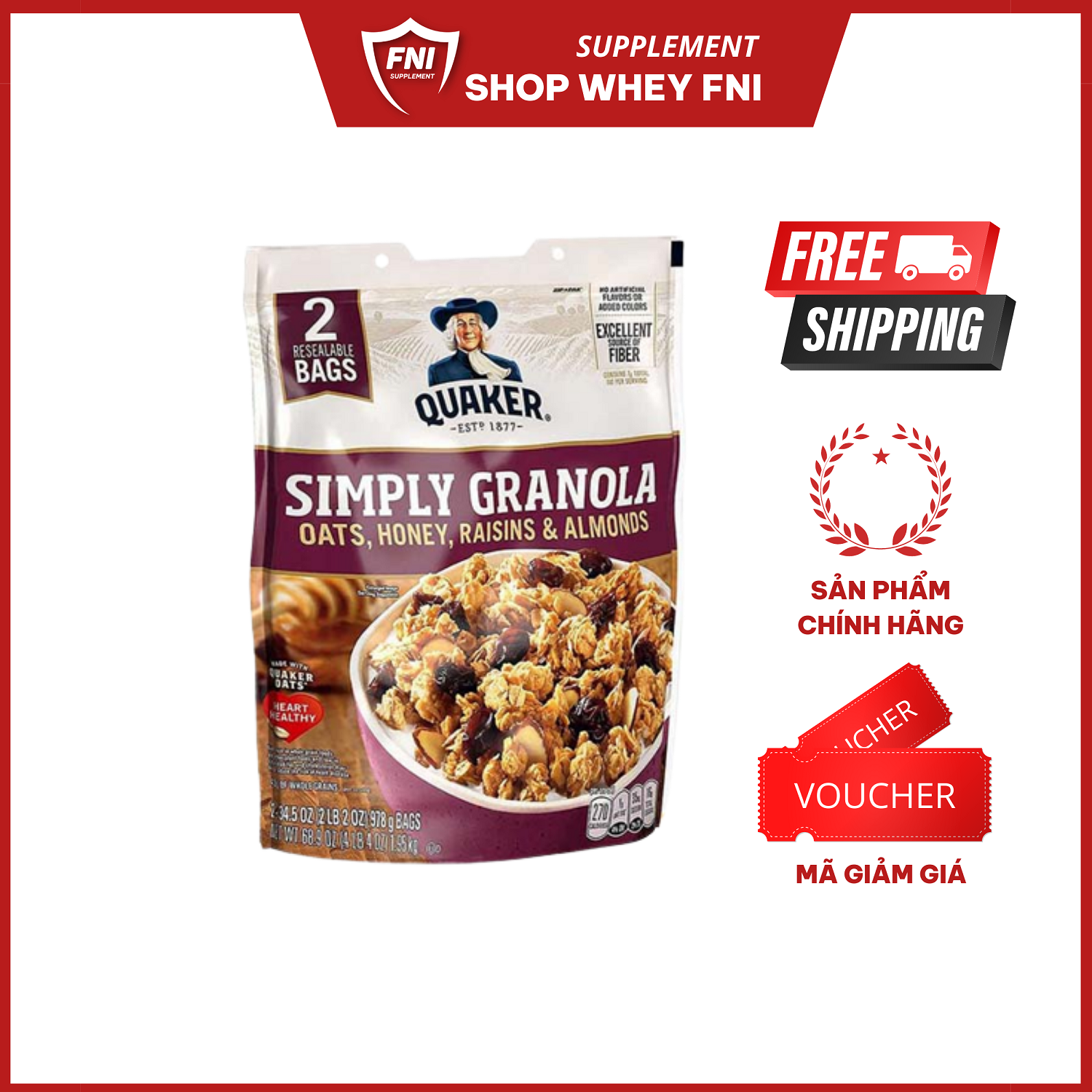 Ngũ cốc dinh dưỡng, hạt granola quaker ăn kiêng giảm cân tự nhiên 980gr vị mật ong