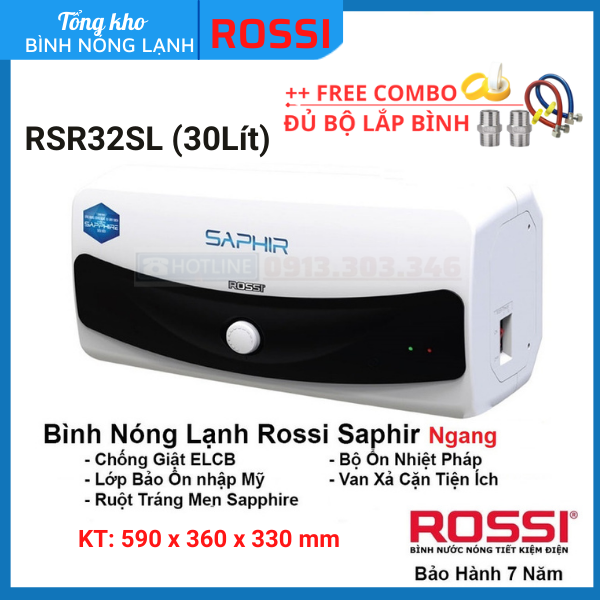 Bình nóng lạnh gián tiếp Rossi Saphir ngang RS32SL(30 Lít)- bảo hành 7 năm, chính hãng Tân Á Đại Thành