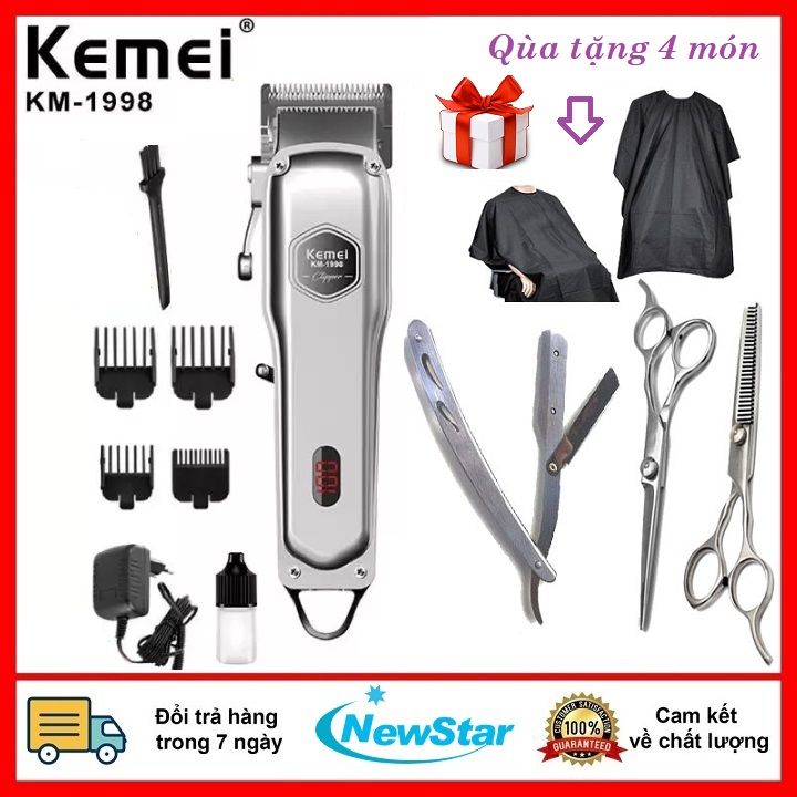 Tông đơ cắt tóc cao cấp Kemei 1998 thân nhôm nguyên khối, tăng đơ hớt tóc chuyên nghiệp không dây sạc pin đẳng cấp như tong do cat toc kemei KM 1997 Tặng kéo cắt tỉa,áo choàng, dao cạo tóc,râu,lông mặt
