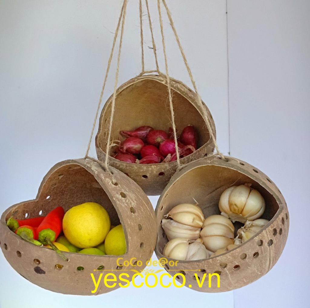 SET 03 Giỏ treo bảo quản củ hành tỏi bằng Gáo Dừa độc đáo YESCOCO XƯỞNG SẢN XUẤT