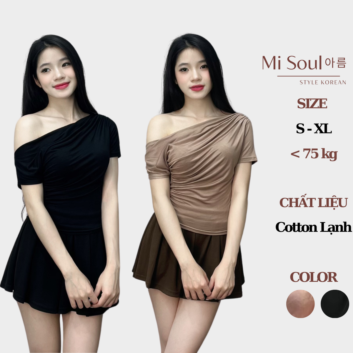 Áo Lệch Vai Nhún Eo Cotton Lạnh Siêu Mát Bigsize, Áo Cổ Thuyền Dúm Eo Hở Vai Misoul 280