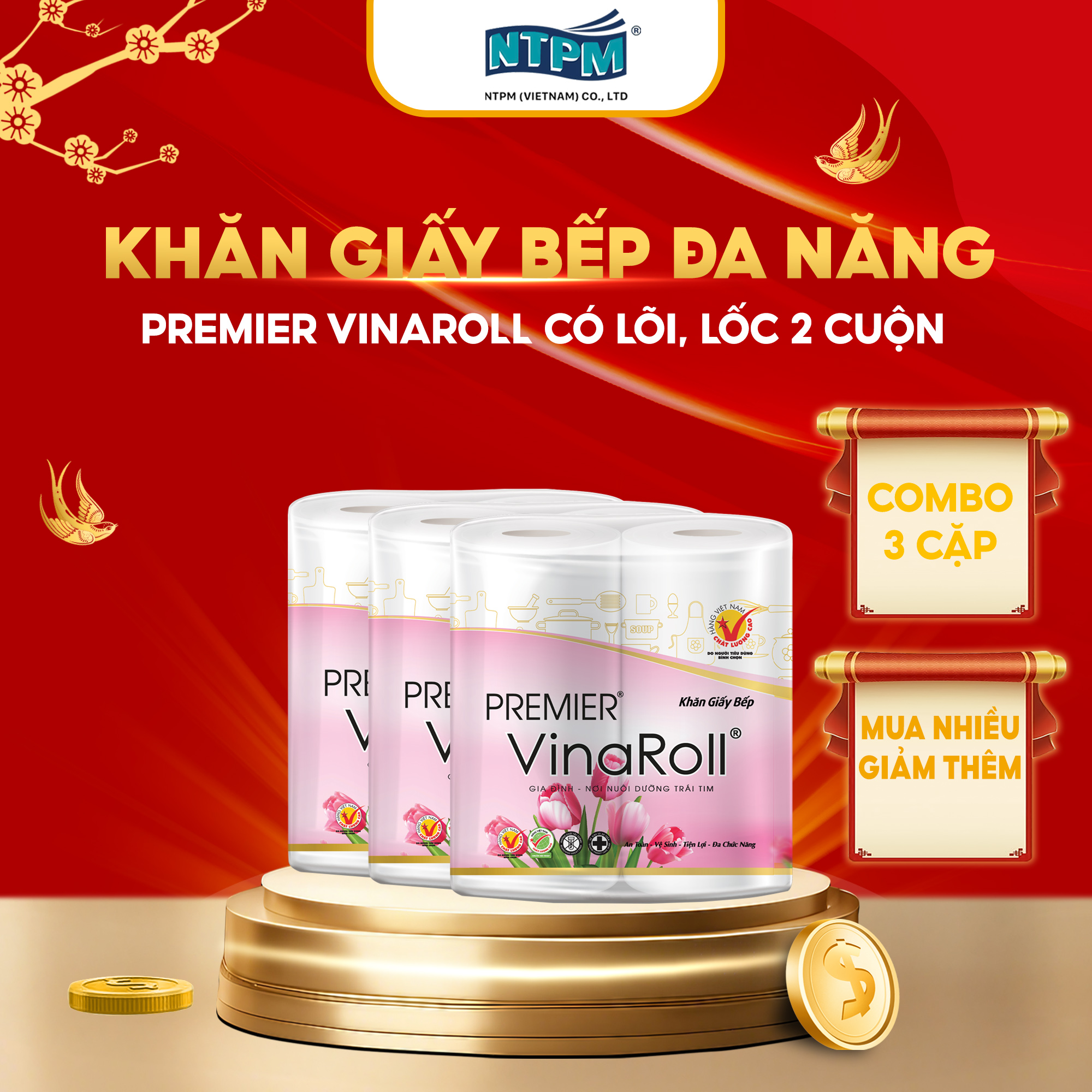 [COMBO 3 LỐC] Khăn giấy bếp đa năng Premier VinaRoll có lõi, 2 lớp 100% bột giấy nguyên sinh, không 