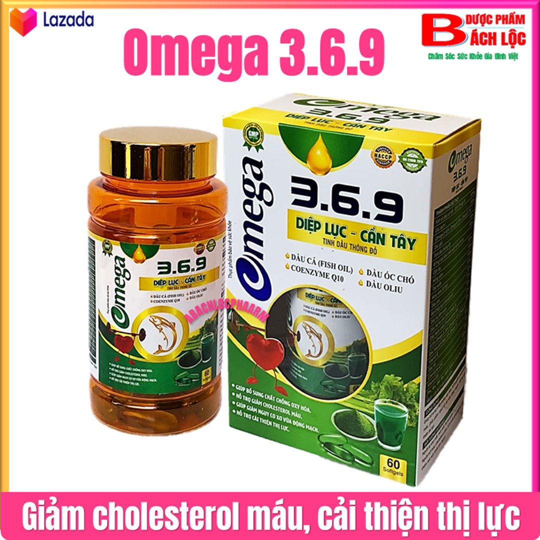 Viên Uống  Omega 3-6-9 Diệp Lục - Cần Tây- Tinh Dầu Thông Đỏ- Giảm Cholesterol Máu,Bổ Não, Sáng Mắt, Khỏe TIm Mạch
