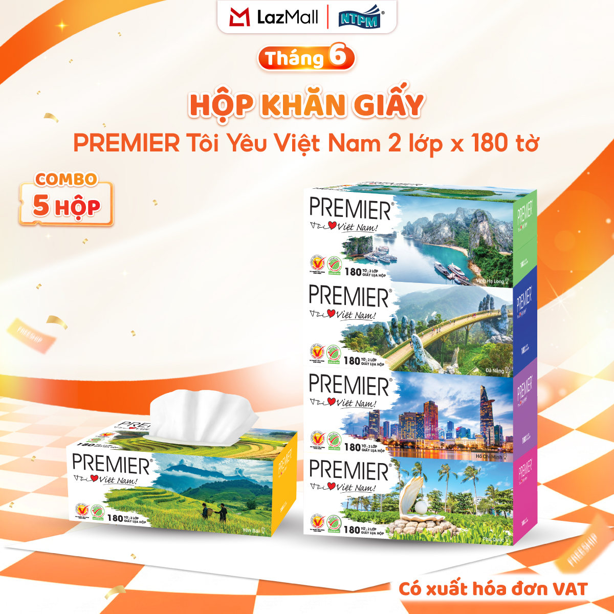 [COMBO 5 HỘP] Khăn giấy lụa đa năng PREMIER Tôi Yêu Việt Nam, 2 lớp – 100% bột giấy nguyên sinh, không chất tẩy, 180 tờ/hộp – Chính hãng