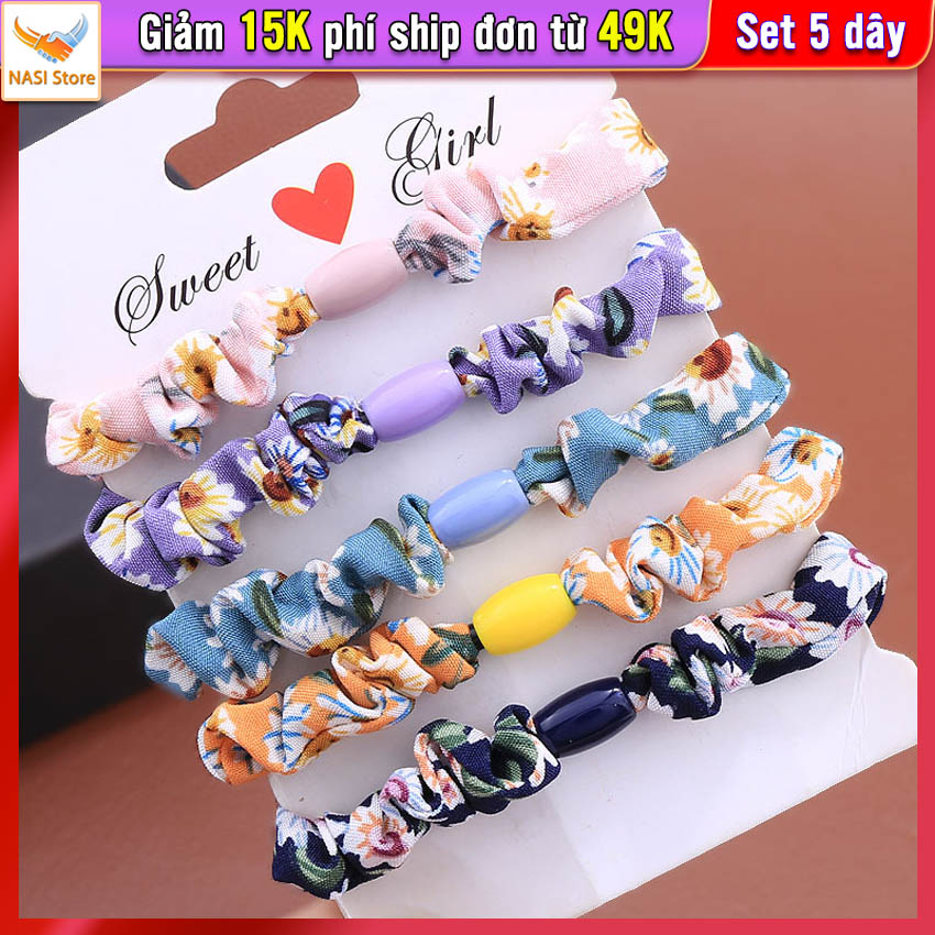 Dây buộc tóc nữ vải hoa [Set 5 dây] NASI Store phối màu dễ thương phong cách hàn quốc thun cột tóc nữ co giãn tốt phụ kiện tóc