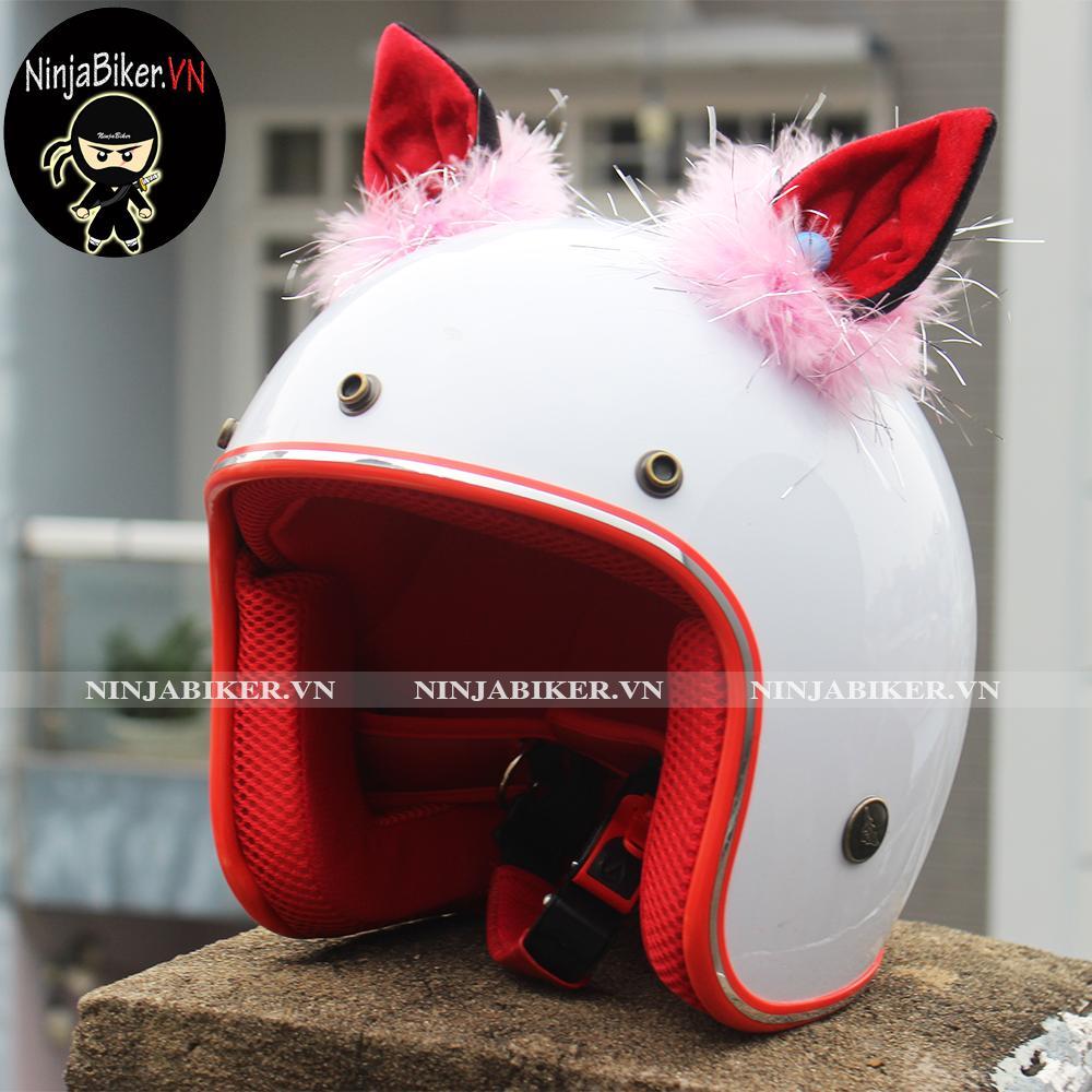 NÓN BẢO HIỂM 3/4 TRẮNG LÓT ĐỎ GẮN TAI THÚ ĐỎ LÔNG HỒNG