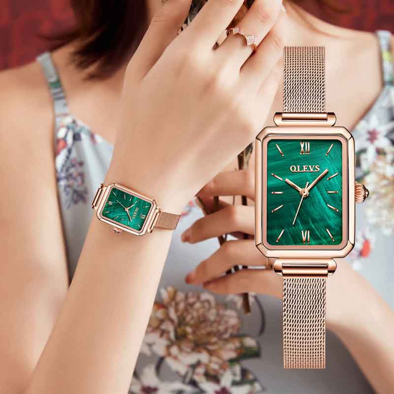 Đồng Hồ Nữ Chính Hãng OLEVS Dây Đeo Lưới Milanese, Mặt Màu Xanh Lá Cây, Sang Trọng.