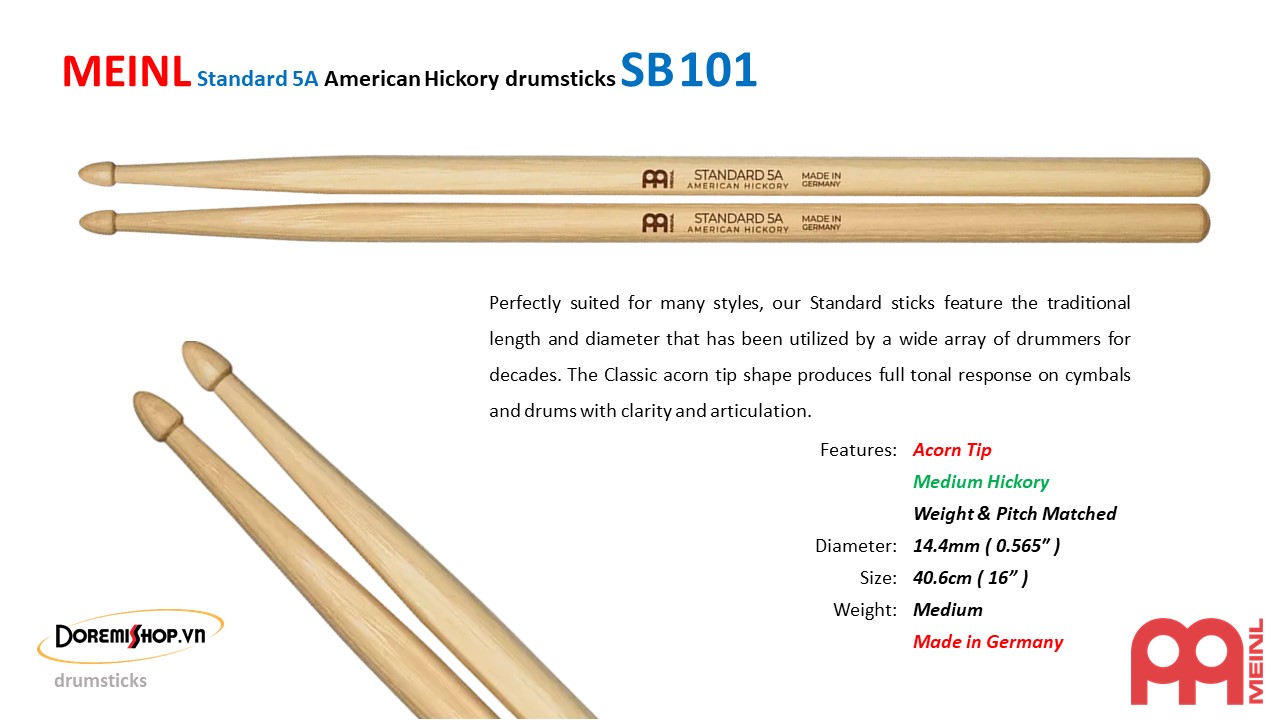 [HCM]Dùi trống MEINL Standard 5A American Hickory drumsticks SB101
