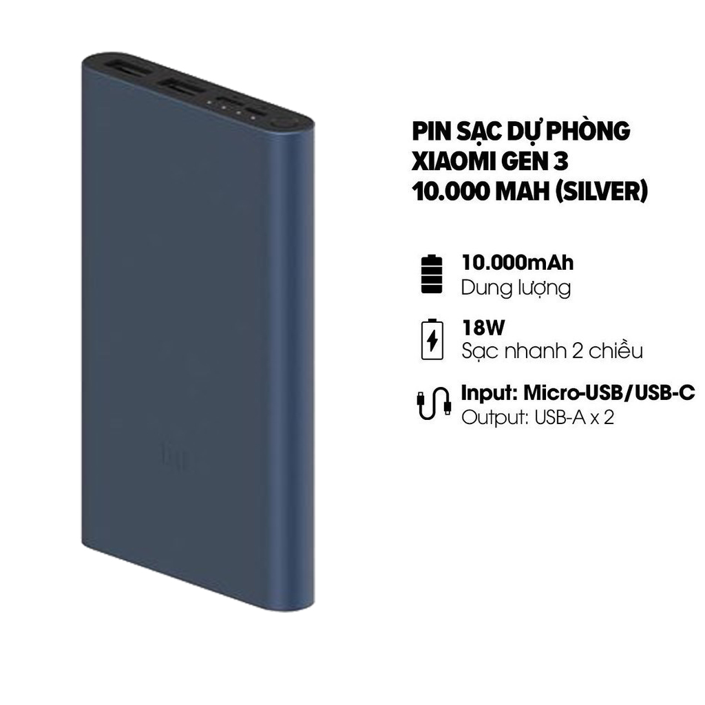 [ Hàng Chất Lượng Tốt ] Pin sạc dự phòng xiaomi Gen 3 pro, sạc nhanh, Sạc nhanh 2 chiều cổng Type-C 18W l Input: Micro-USB / USB-C. Output: USB-A x 2, Chất Lượng Cao Thiết Kế Mỏng Tinh Tế Sang Trọng