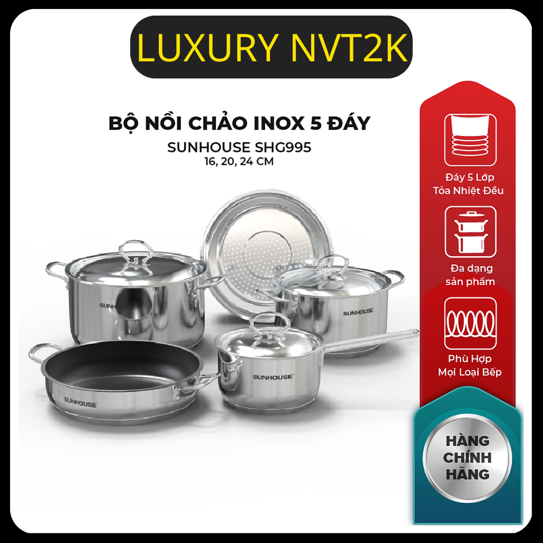 BỘ NỒI CHẢO INOX 5 ĐÁY SUNHOUSE SHG995-Chất liệu inox không gỉ giúp cho bộ nồi SHG995 sáng bóng, dễ dàng lau chùi, vệ sinh. Kiểu dáng của bộ nồi trang nhã phù hợp với mọi không gian bếp.-BH 12 THÁNG VỀ CHẤT LƯỢNG