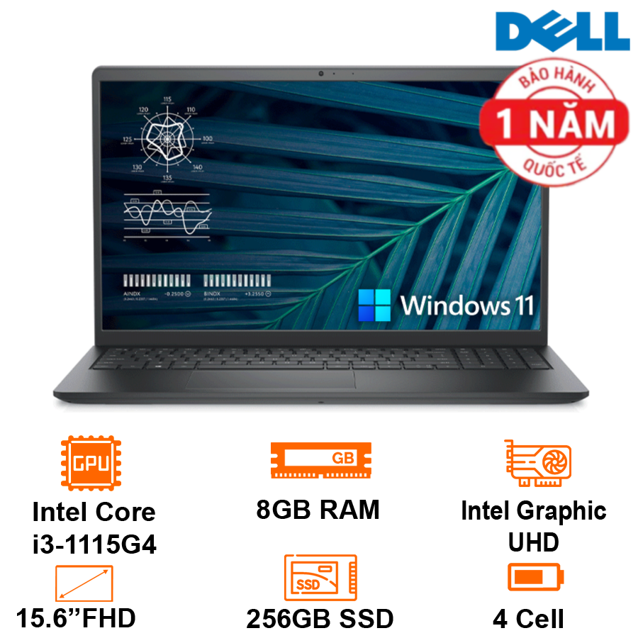 Laptop Dell Vostro 3510 V5I3305W Intel Core i3-1115G4/8GB+1slot/256GB SSD+slot 2.5/15.6" FHD/Win11H+Office HS21/Black - Bảo hành 12 tháng - Hàng chính hãng Safety Mart Official
