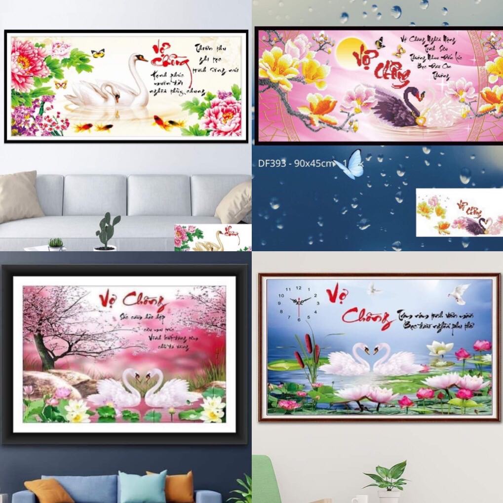 (Nhiều mẫu) Tranh đính đá 5D Đôi Thiên Nga Vợ Chồng - tranh chưa đính đá