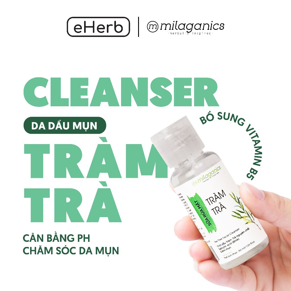 Sữa rửa mặt tràm trà milaganics tea tree oil 30ml dành cho da mụn, da dầu, dưỡng ẩm trắng da