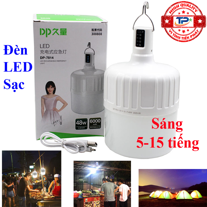 Bóng đèn LED sạc tích điện 48W DP-7814 với 4 chế độ sáng 5-15 tiếng, chống nước, dùng khi mất điện, bán hàng, công việc hoặc cắm trại ngoài trời