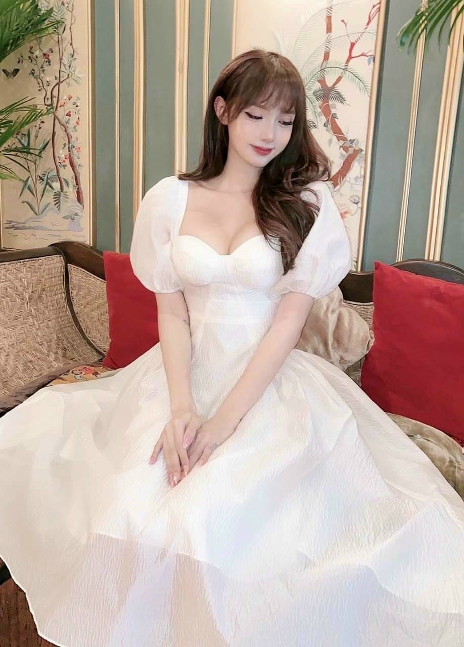 Váy đầm nữ dự tiệc dáng xòe tay bồng cúp ngực xếp ly hông xinh xắn