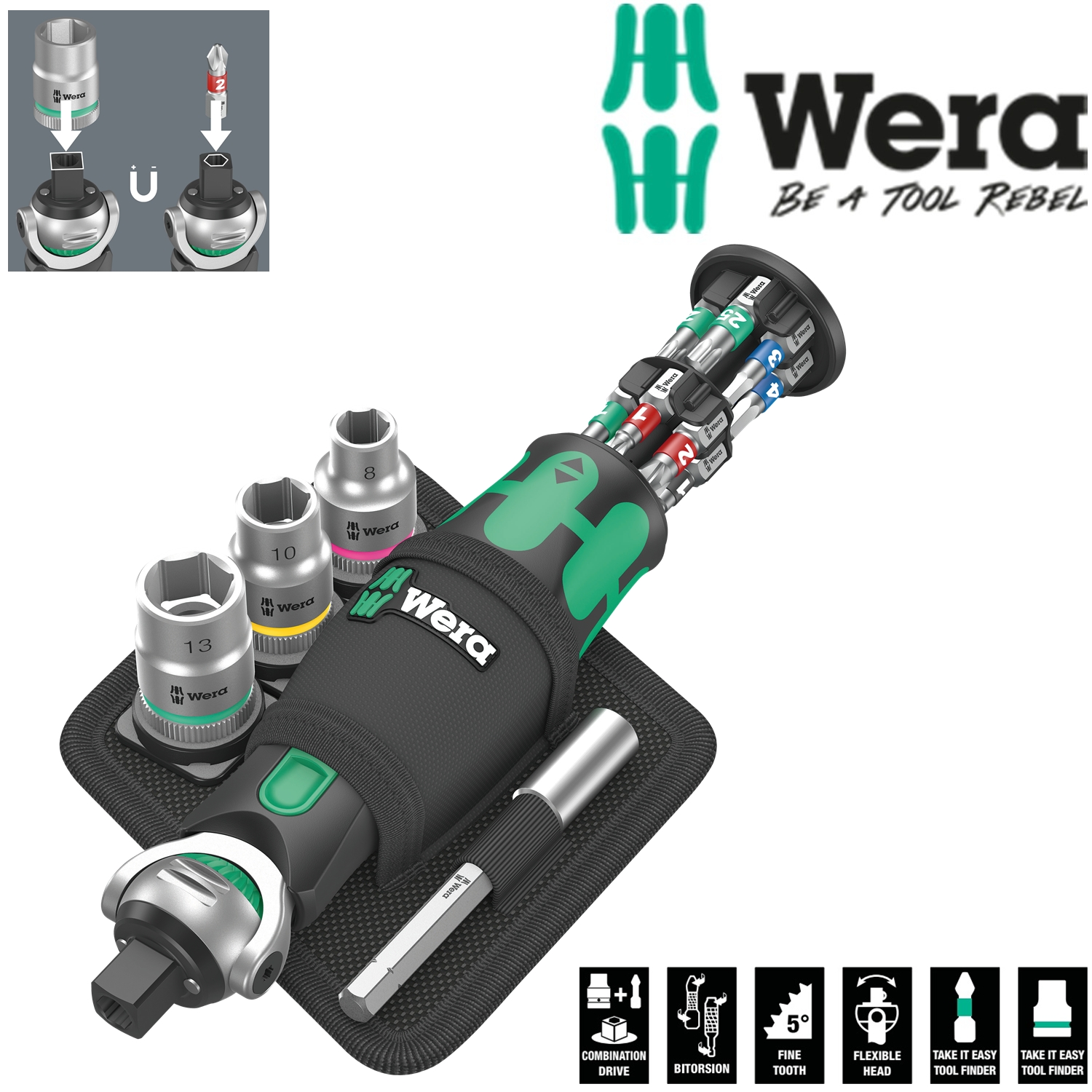 Bộ dụng cụ mở vít và tuýp đa năng wera 05004281001 8009 zyklop pocket set 2 gồm 18 chi tiết đầu vào vít 1/4" và tuýp 3/8"