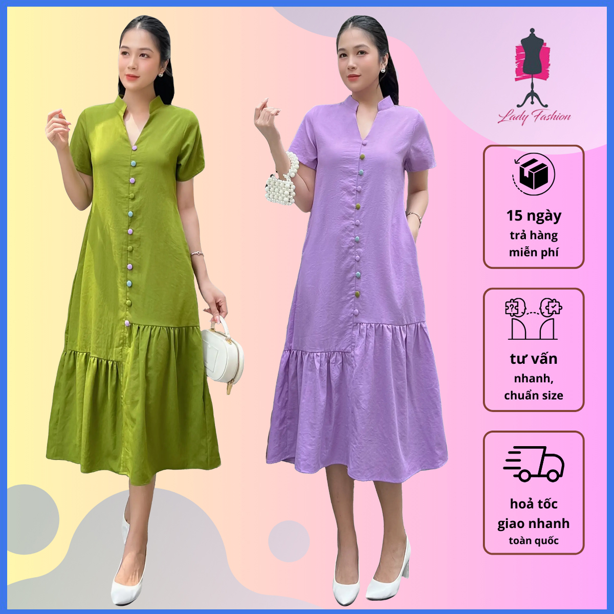 Đầm Linnen thun cổ trụ phối nút duyên dáng cho nữ AD088 - Ladyfashion