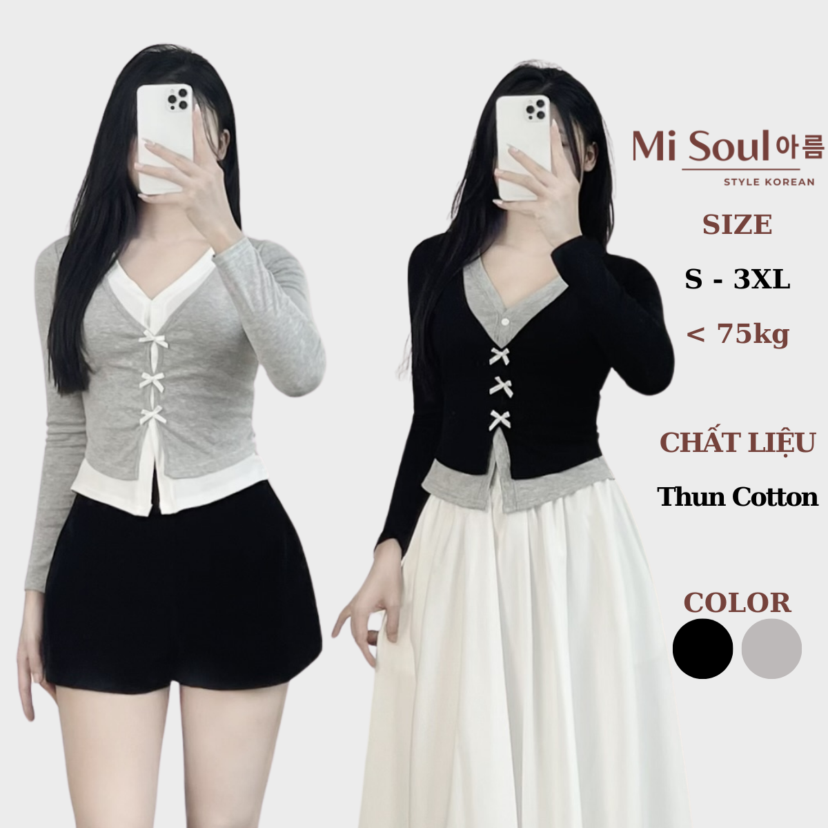 Áo Thun Cotton Dài Tay Cổ Tim Đính Nơ 2 Lớp Điệu Đà Form Ôm BigSize MiSoul, Áo Dài Tay Cổ Tim Đính Nơ 351