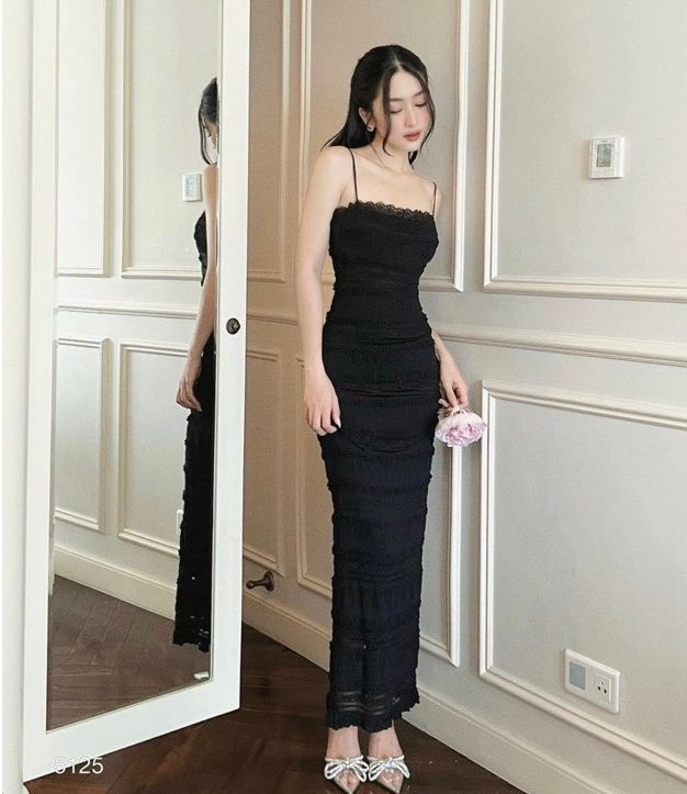 Đầm hai dây , váy body ren 2 dây dáng dài lên form cực hack dáng chanh xả Đ966