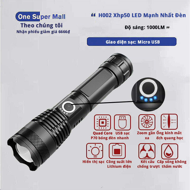H002 Xhp50 LED Mạnh Nhất Đèn Pin pin 26650 pin 18650 Usb Zoom Led Torch Ánh Sáng Cắm Trại Đèn đèn pin siêu sáng đèn pin den pin sieu sáng5000m den bin sieu sáng (Hộp miễn phí+pin)