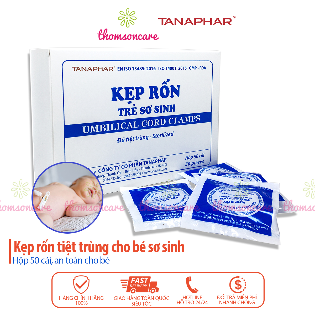 Hộp 50 chiếc Kẹp rốn trẻ sơ sinh Tanaphar, từng chiếc trong túi tiệt trùng
