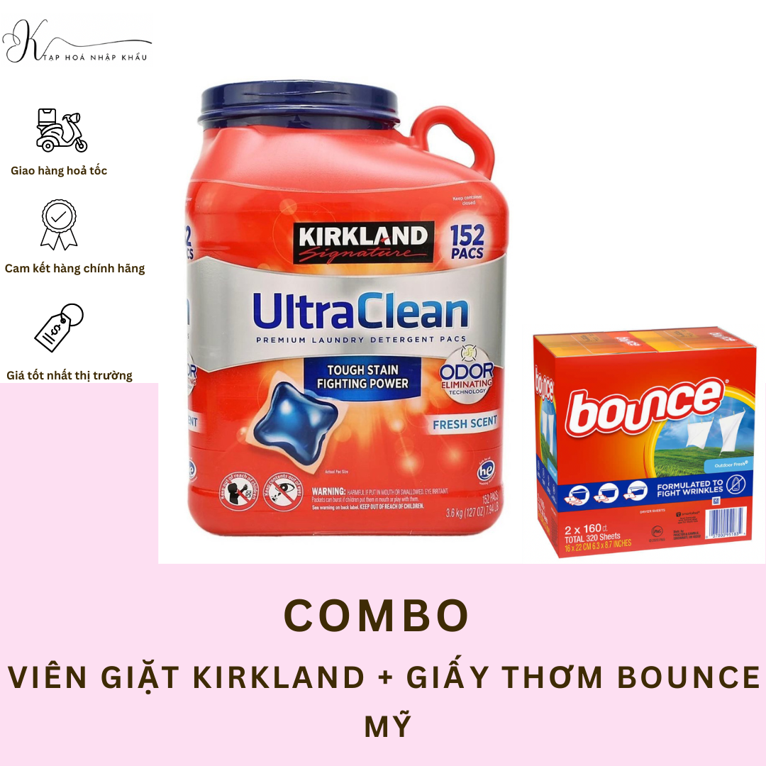 Combo viên giặt kirkland 152 viên và giấy thơm bounce 360 tờ