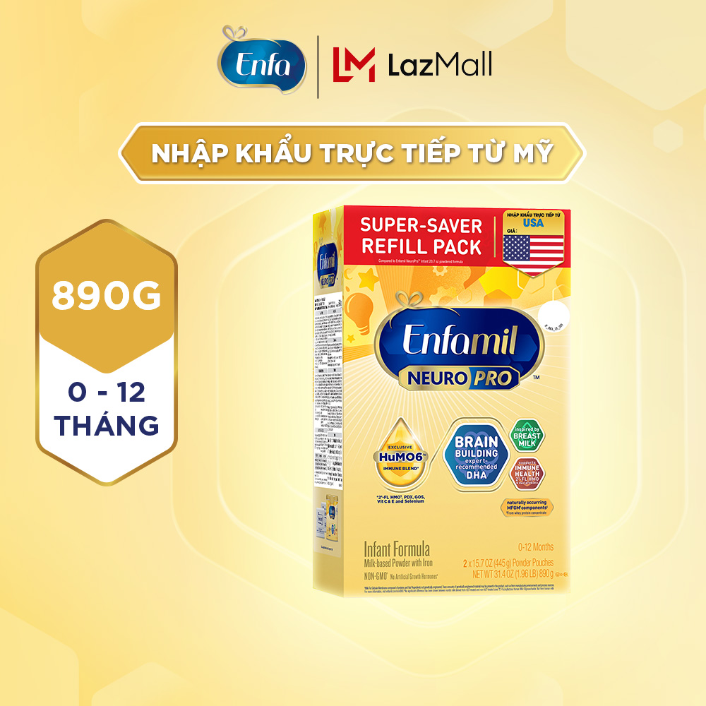 [Nhập khẩu chính ngạch từ Mỹ] Sữa bột Enfamil NeuroPro Non-GMO Infant 890g-Dành cho trẻ 0-12 tháng tuổi (hộp 2 túi thiếc 445g)