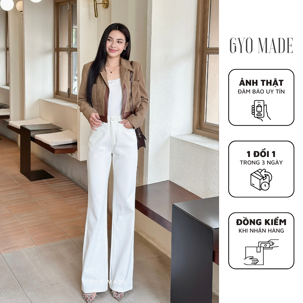Quần Jean trắng nữ GYOMADE® lưng cao tôn dáng, đứng form, chất cottton co giãn ít | GQ014