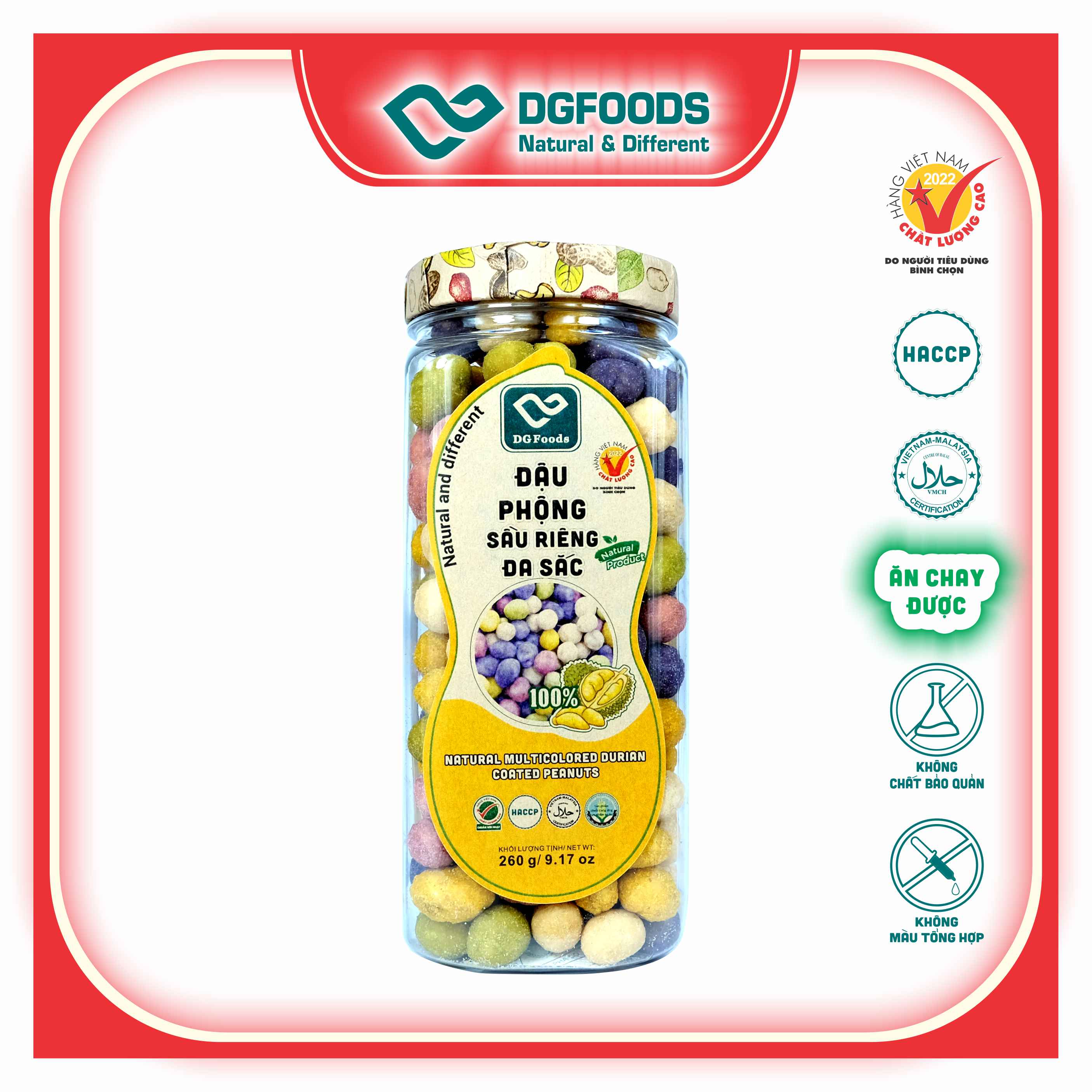 Đậu Phộng Sầu Riêng Đa Sắc 250g DGfoods/ Haccp/ Halal/ HVNCLC/ ăn chay, đặc sản Cần Thơ, quà tặng, ăn kiêng, organic, dinh dưỡng, thực phẩm bổ sung, khai vị, hạt điều bình phước, màu tự nhiên, màu thực vật