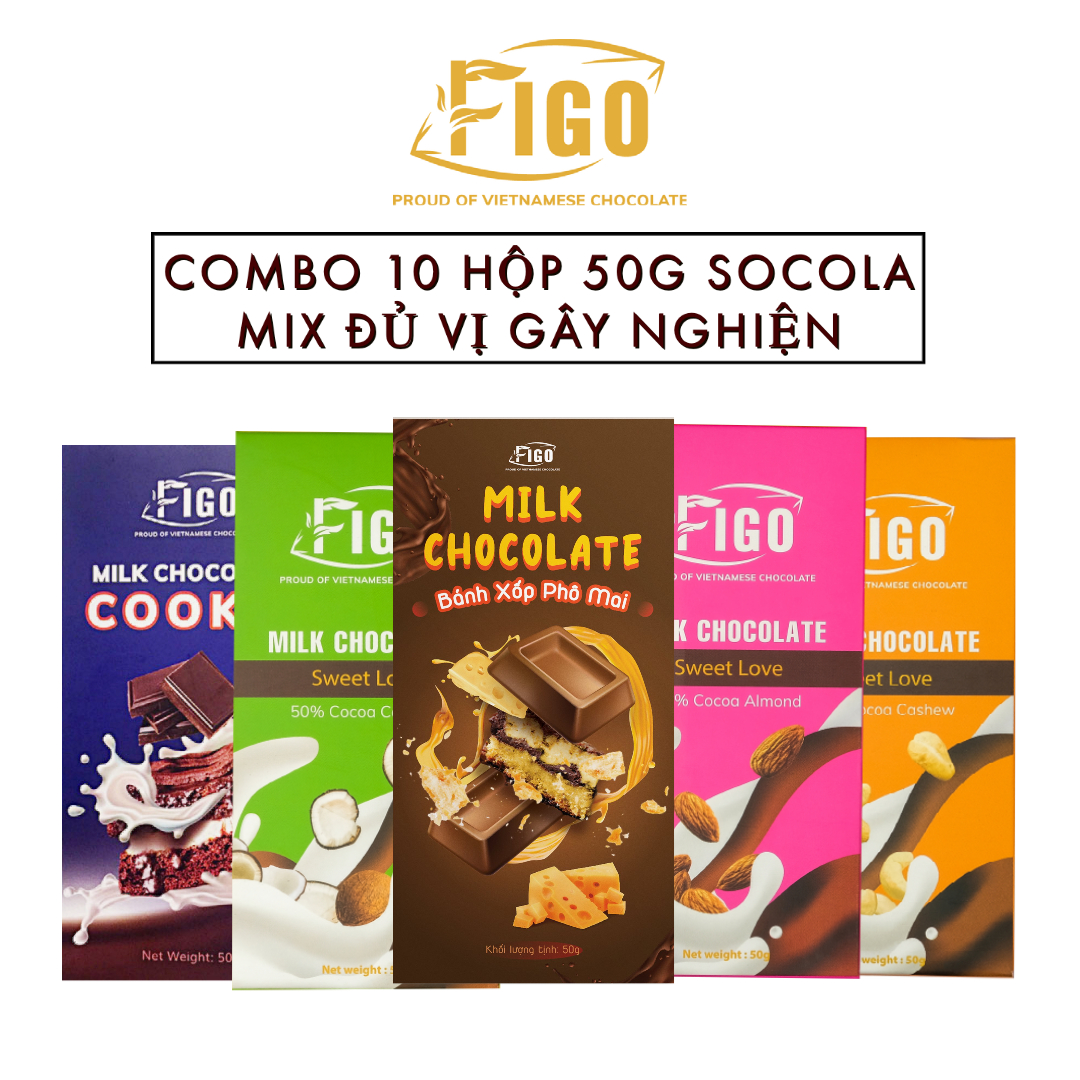 [ĂN LÀ NGHIỆN-COMBO 10 HỘP 50G] Kẹo socola sữa bánh cookie, hạnh nhân, hạt điều, dừa, không nhân 50g FIGO, đồ ăn vặt siêu ngon