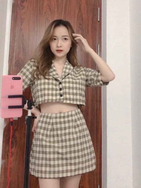 [HCM]Set váy áo croptop cổ vest kiểu kèm chân váy caro Ulzzang