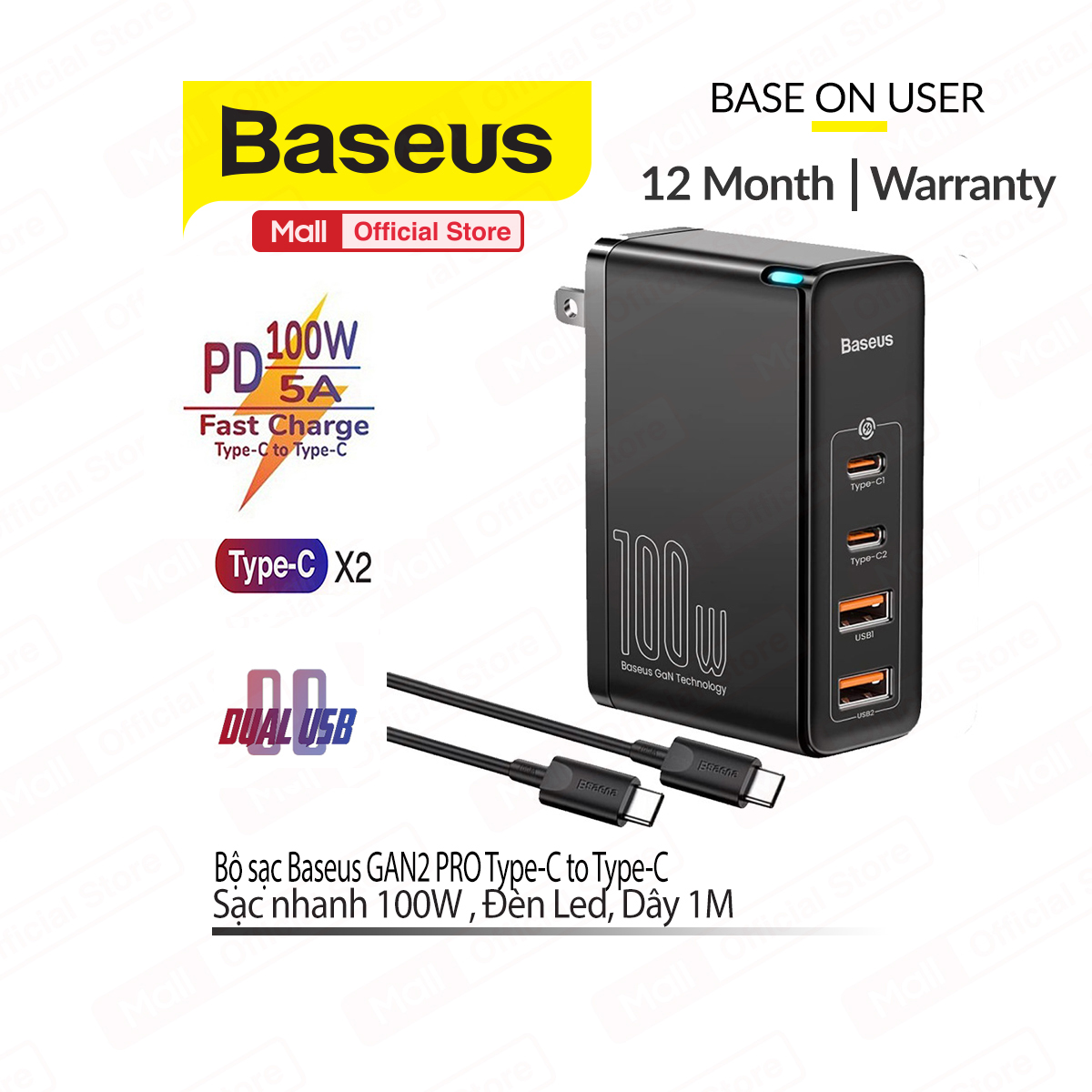 Bộ sạc nhanh 100w baseus gan2 pro chân dẹt 2 cổng type-c/ 2 cổng usb kèm dây type-c to type-c dài 1m